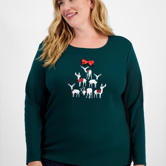 Holiday Lane Tops - Festive Green Reindeer Blouse